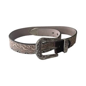 Ornate Pink Lace-Pattern Belt with Decorative Silver Buckle